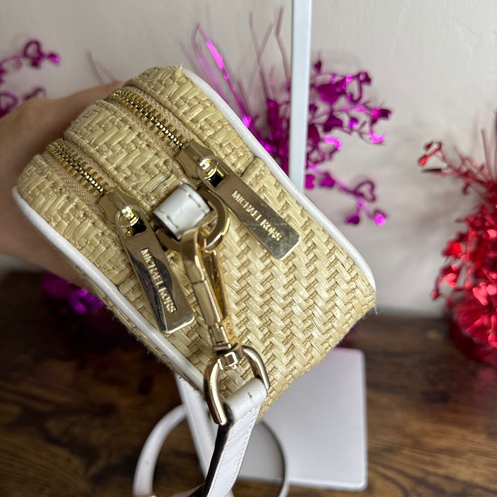 MICHAEL KORS Kenly Double Zip Natural Straw Small Camera Crossbody - Picture 6 of 10